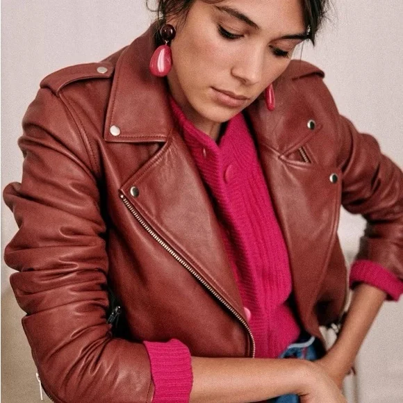 Sezane Zigg Leather Jacket in wine red burgundy - Picture 2 of 5